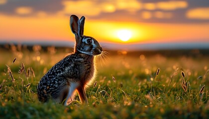 Wall Mural - Sunset Over Fields: A Hare in Grass Showcasing Agricultural Serenity and Livestock Harmony