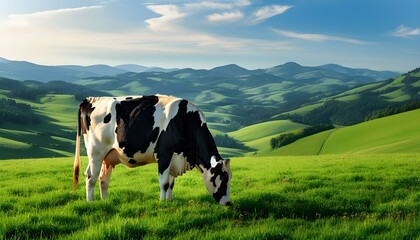 Wall Mural - Vibrant green field with a cow amidst rolling hills, showcasing agriculture and livestock husbandry for milk production promotion and advertising design