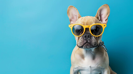 A cute French Bulldog wearing yellow sunglasses looking at the camera.