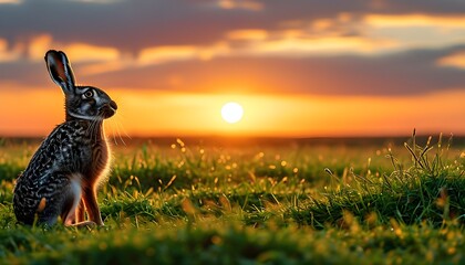 Wall Mural - Sunset Over Fields: A Hare in Grass Showcasing Agricultural Serenity and Livestock Harmony