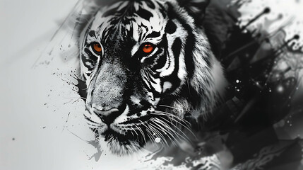 Canvas Print - Close-up of a white tiger's face with orange eyes, black and white paint splatter background.