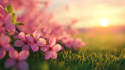 Wall Mural - Pink Cherry Tree Blossoms Blooming on Green Grass Meadow at Spring Sunrise