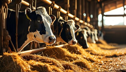 Wall Mural - Warmly lit barn with a cow among straw, symbolizing agriculture, livestock care, and milk production in a tranquil setting. Ideal for banners and posters.