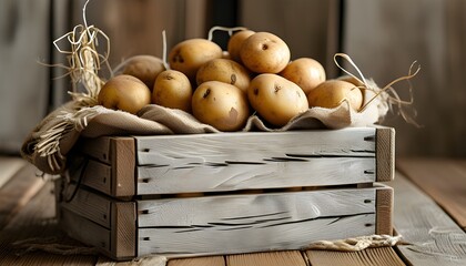 Rustic wooden crate filled with fresh potatoes, straw, and fabric, embodying the essence of farm life and the bounty of healthy vegetables