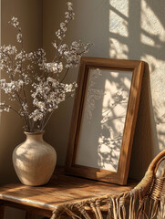 Poster - Dried flowers in a vase on a wooden table with a frame and a wicker chair.