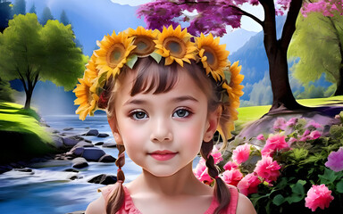 Wall Mural - Picture of  beautiful girls with the beauty of nature in the background. kid.(1)