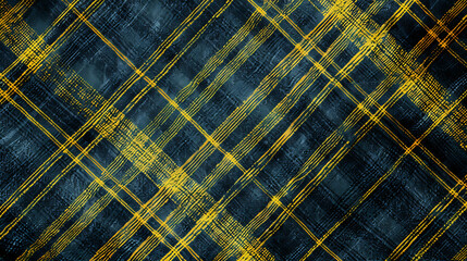 Grunge plaid pattern with yellow stripes on a blue background.