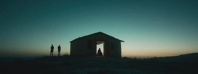 Wall Mural - Merry Christmas and Happy New Year. Silhouette of a stable in the desert at night, nativity. 