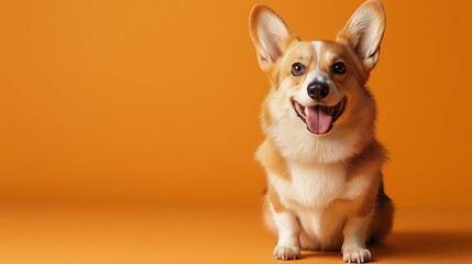 a contented corgi with a wide smile and short legs against an isolated soft light orange background