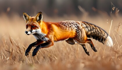 Wall Mural - Graceful red fox sprinting through an open field