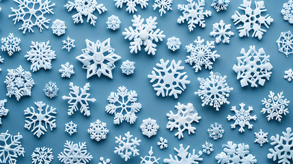 Wall Mural - A blue background scattered with white snowflakes of different sizes.