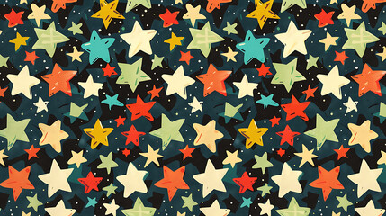 A colorful hand-drawn pattern with stars on a dark background.