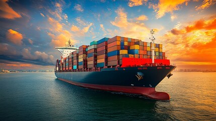 Wall Mural - Cargo Ship Sailing at Sunset with Colorful Containers