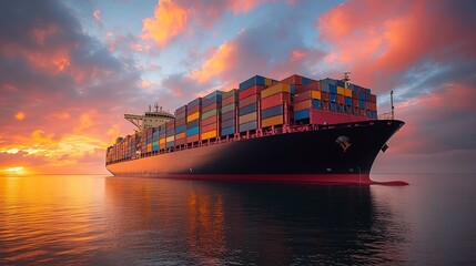 Wall Mural - Cargo Ship at Sunset with a Colorful Sky