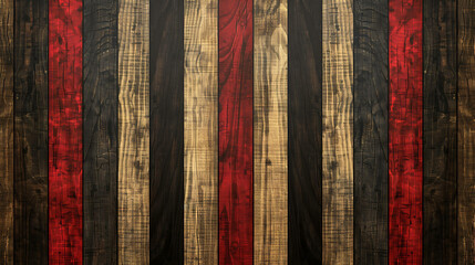 A weathered wooden plank background with red, black and brown strips.