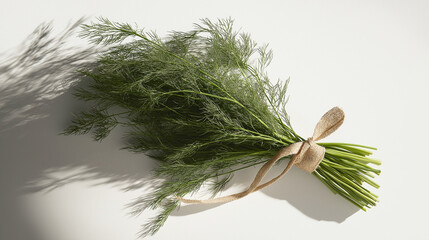 fresh dill tied with a thin burlap ribbon its feathery fronds fanning out against an isolated white background