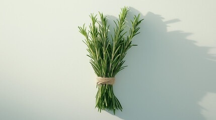 fresh rosemary tied with organic twine its needle-like leaves standing upright, accentuating the herb's piney aroma against an isolated white background