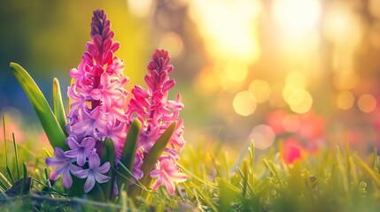 Canvas Print - purple Easter flowers in spring at sunset