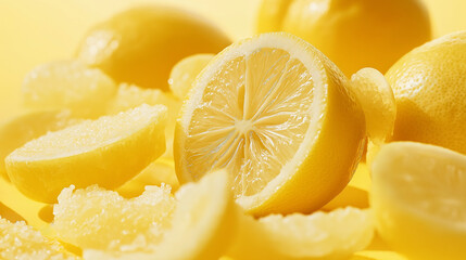 lemon with lemon slices and zest against an isolated soft yellow background