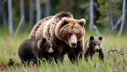 Caring brown bear mother nurturing her playful cubs in a lush forest setting