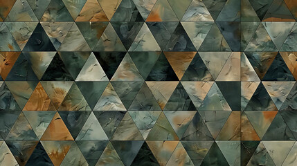 Wall Mural - A geometric pattern of triangles made up of different colors and textures.