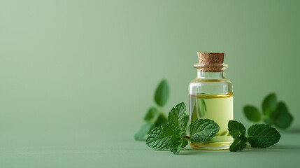 spearmint essential oil with spearmint leaves and stems against an isolated soft green background