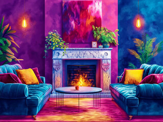 A colorful living room with a fireplace and a painting on the wall. The room is decorated with a blue couch and a yellow couch. There are two potted plants in the room, one on the left