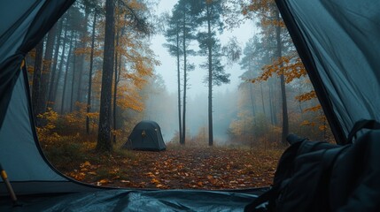 Views of a foggy forest from the gray tent. Autumn, travel, nature, misty trees generative ai