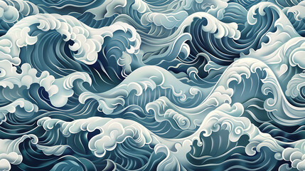 Sticker - Abstract seamless pattern of blue and white stylized ocean waves.