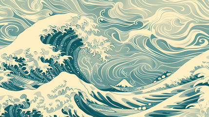 Wall Mural - A stylized illustration of the Great Wave off Kanagawa, a famous Japanese woodblock print.