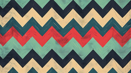 Poster - A retro chevron pattern in blue, green, red and yellow with a vintage, distressed look.