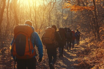 Wall Mural - hikers explore a sunlit autumn forest trail, enjoying nature's vibrant colors and crisp air while we