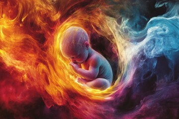 a human embryo surrounded by vibrant cosmic colors and swirling flames in a surreal depiction of cre