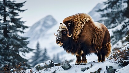 Wall Mural - Majestic male musk oxen traversing snow-covered mountains in winter serenity