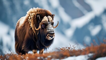 Wall Mural - Majestic male musk oxen traversing snow-covered mountains in winter serenity