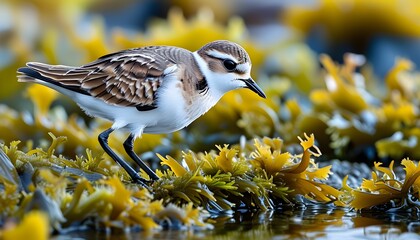 Poster - Two-banded plover exploring vibrant seaweed habitat along the shore