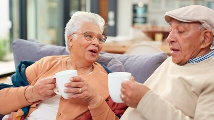 Canvas Print - Senior couple, coffee and cheers in house for love, support and commitment together in marriage with smile. Elderly people, relax and happy in home for bonding, trust and relationship with connection