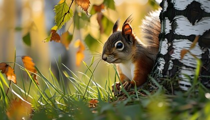 Canvas Print - Curious red squirrel exploring green grass near a birch log