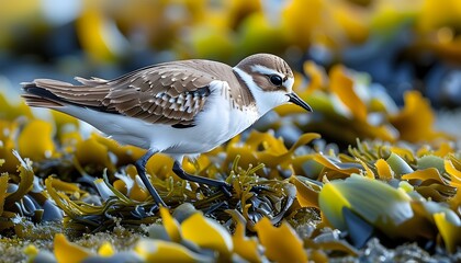 Wall Mural - Two-banded plover exploring vibrant seaweed habitat along the shore