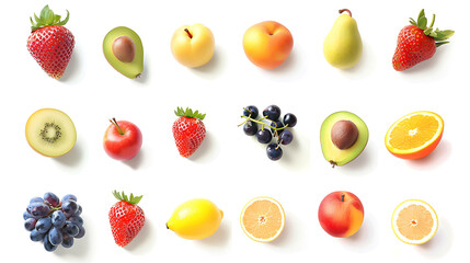 A colorful assortment of fresh fruits on a white background.