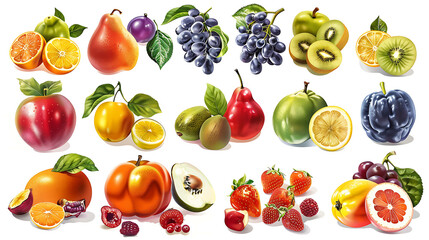 Sticker - a collection of fresh fruits, including oranges, apples, pears, grapes, kiwi, plums, lemons, and str