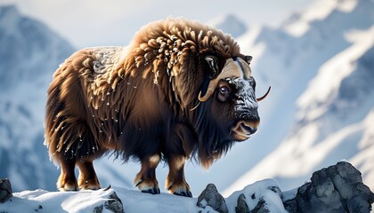 Wall Mural - Majestic male Musk Ox in a snowy mountain landscape