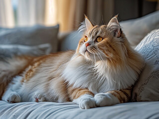 Wall Mural - A cat is laying on a bed with its head tilted to the side. The cat is looking at the camera, and its fur is fluffy. The scene is peaceful and calming