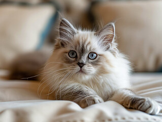 Canvas Print - A fluffy white cat with blue eyes is laying on a bed. The cat appears to be relaxed and comfortable in its surroundings