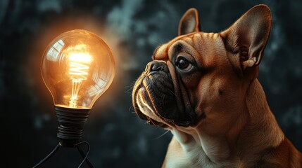 French Bulldog Looking at a Light Bulb