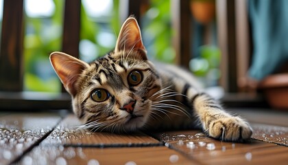 Wall Mural - Relaxed feline lounging on wooden patio boards in sunlight