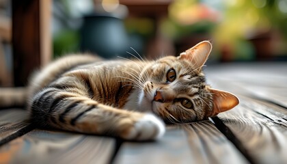 Wall Mural - Relaxed feline lounging on wooden patio boards in sunlight