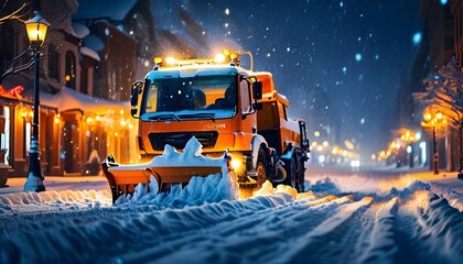 Winter night scene of a snowplow clearing a snow-covered street, warm lights illuminating the serene snowfall.