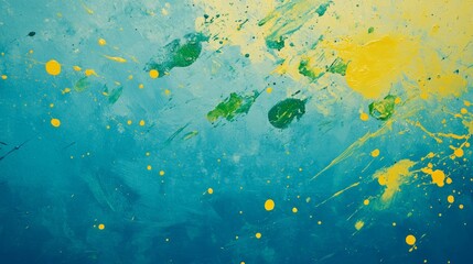 Wall Mural - Yellow and green paint splashes on a sky blue background generative ai