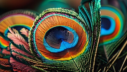 Intricate close-up of vibrant peacock feathers displaying vivid colors and delicate patterns in stunning detail